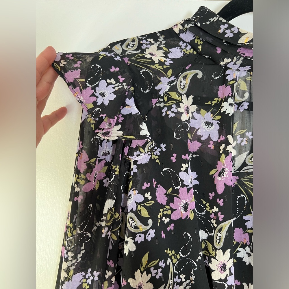 ASTR Floral Blouse Long Sleeve Ruffle Shoulder Black Purple Green Semi Sheer Med - Picture 6 of 14
